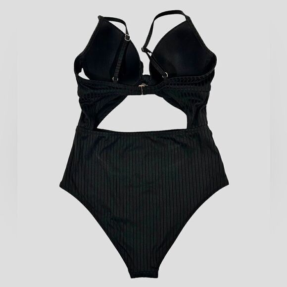 Sexy 34C Black Ribbed One Piece Swimsuit Padded Adjustable Straps Belly Cutout - Picture 4 of 5